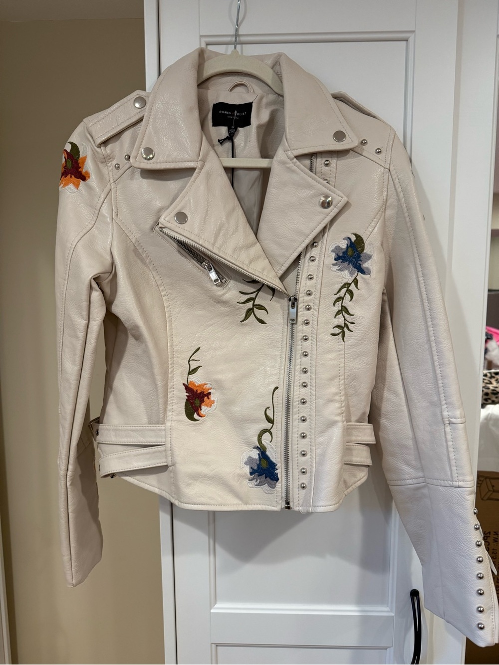 Romeo & Juliet Couture Cream Embroidered Leather Moto Jacket
